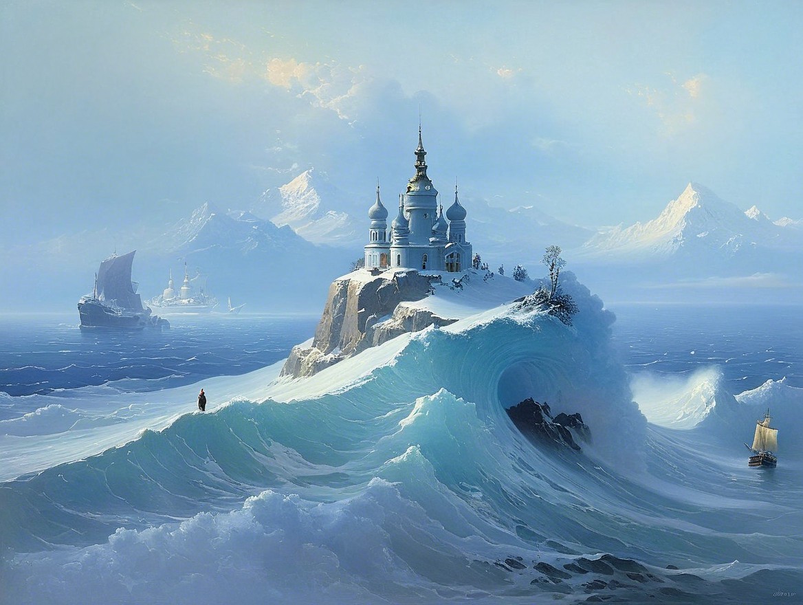 Castle on Rocky Isle with Towers and Snowy Mountains