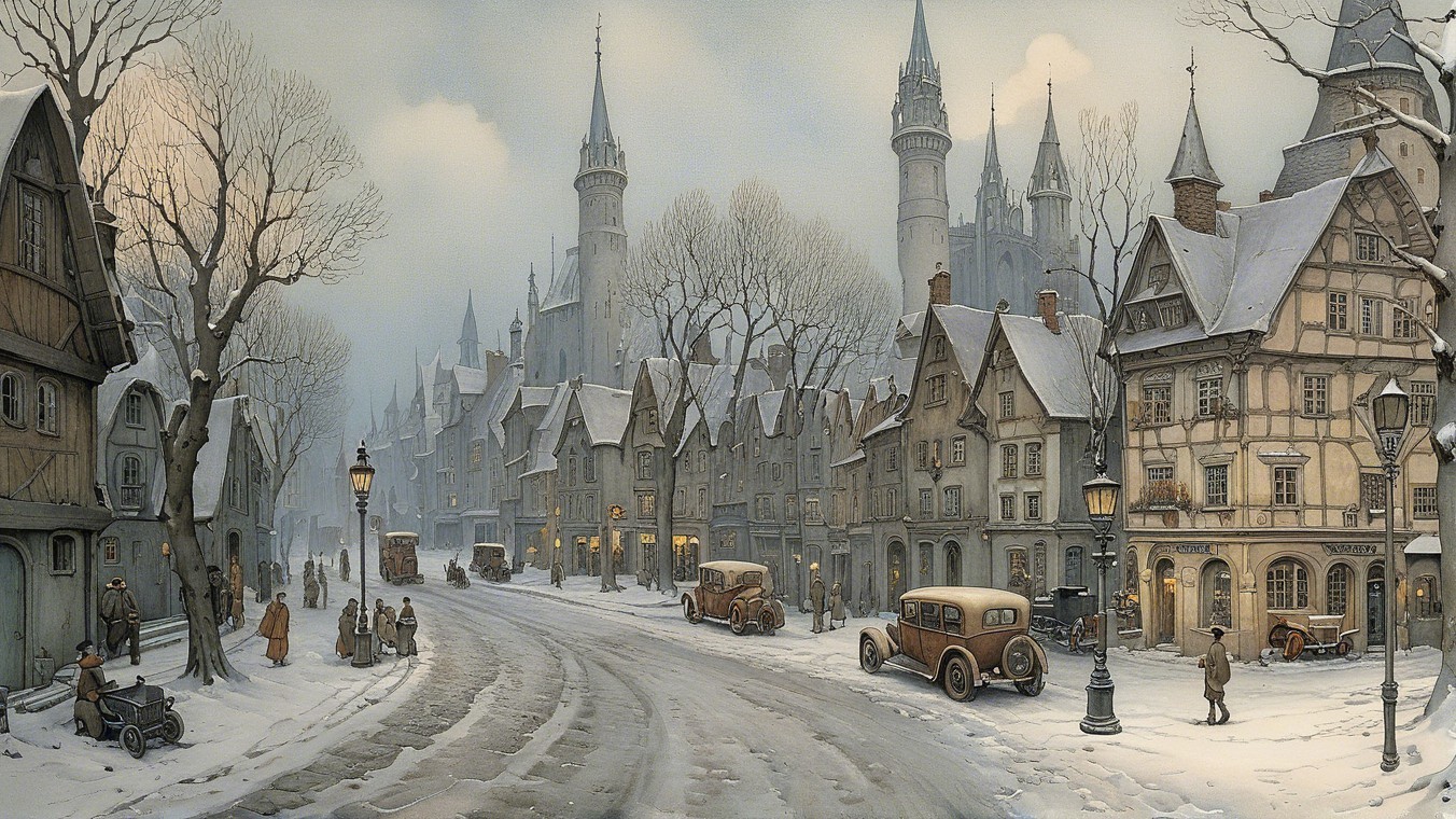 Quaint Village in Snowy Winter Landscape