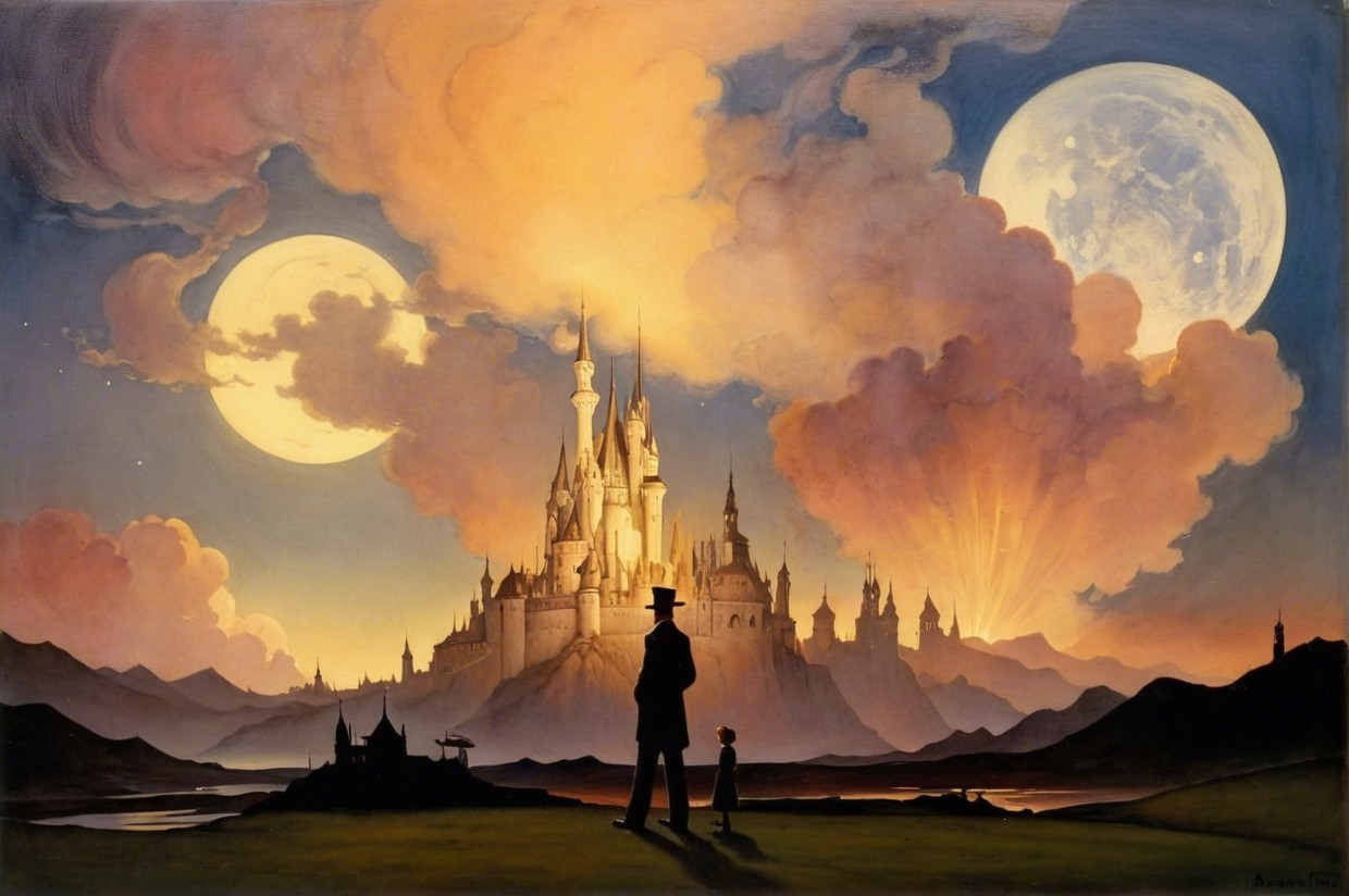 Majestic castle under dramatic sky with two moons