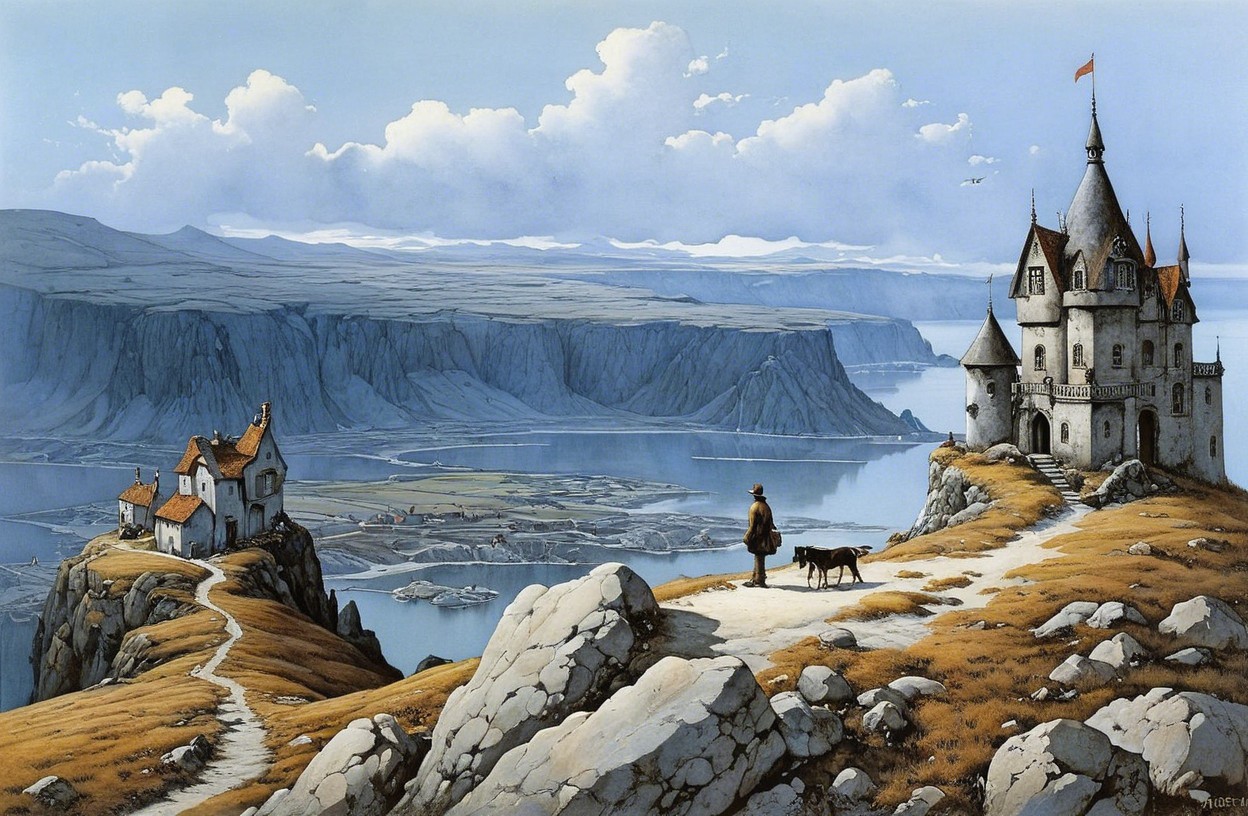 Dramatic Cliffside Castle with Serene Water Landscape