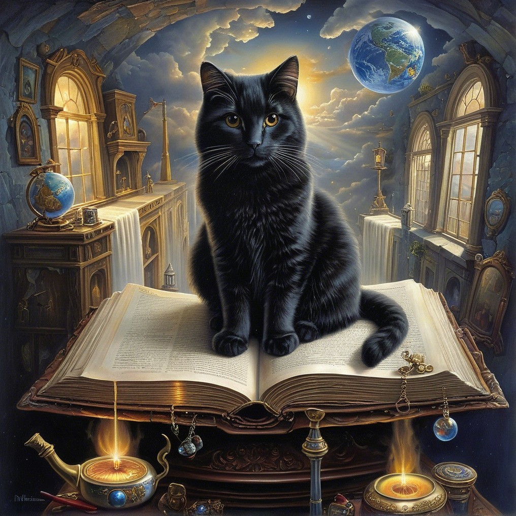 Black Cat on Open Book in Dreamlike Landscape