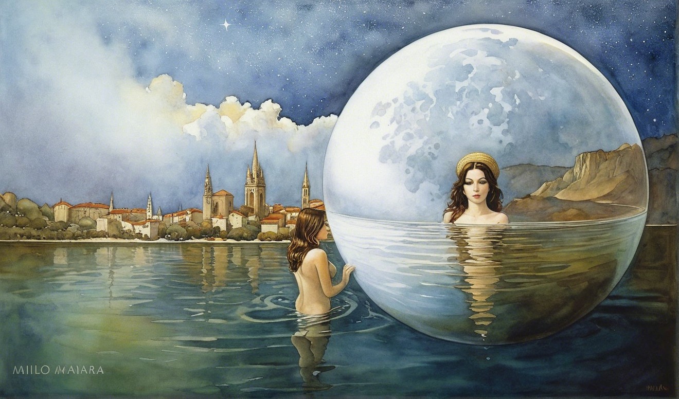 Young girl in calm waters with mystical figure in sphere
