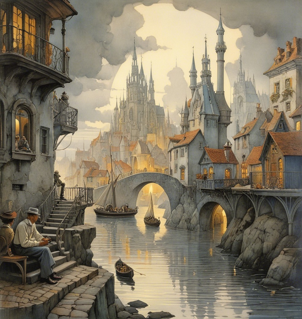 Serene riverside town at dusk with intricate buildings