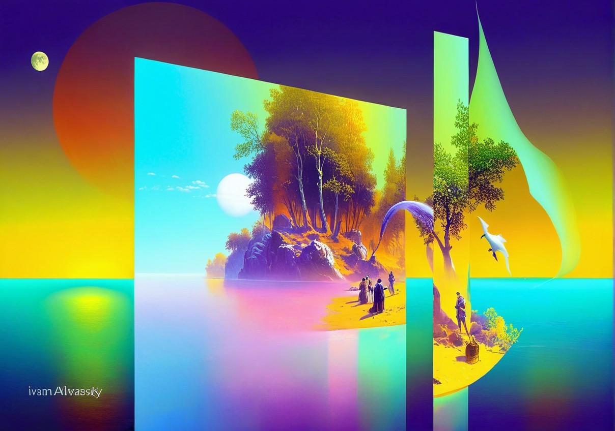 Surreal Seascape with Lush Island and Ethereal Figures