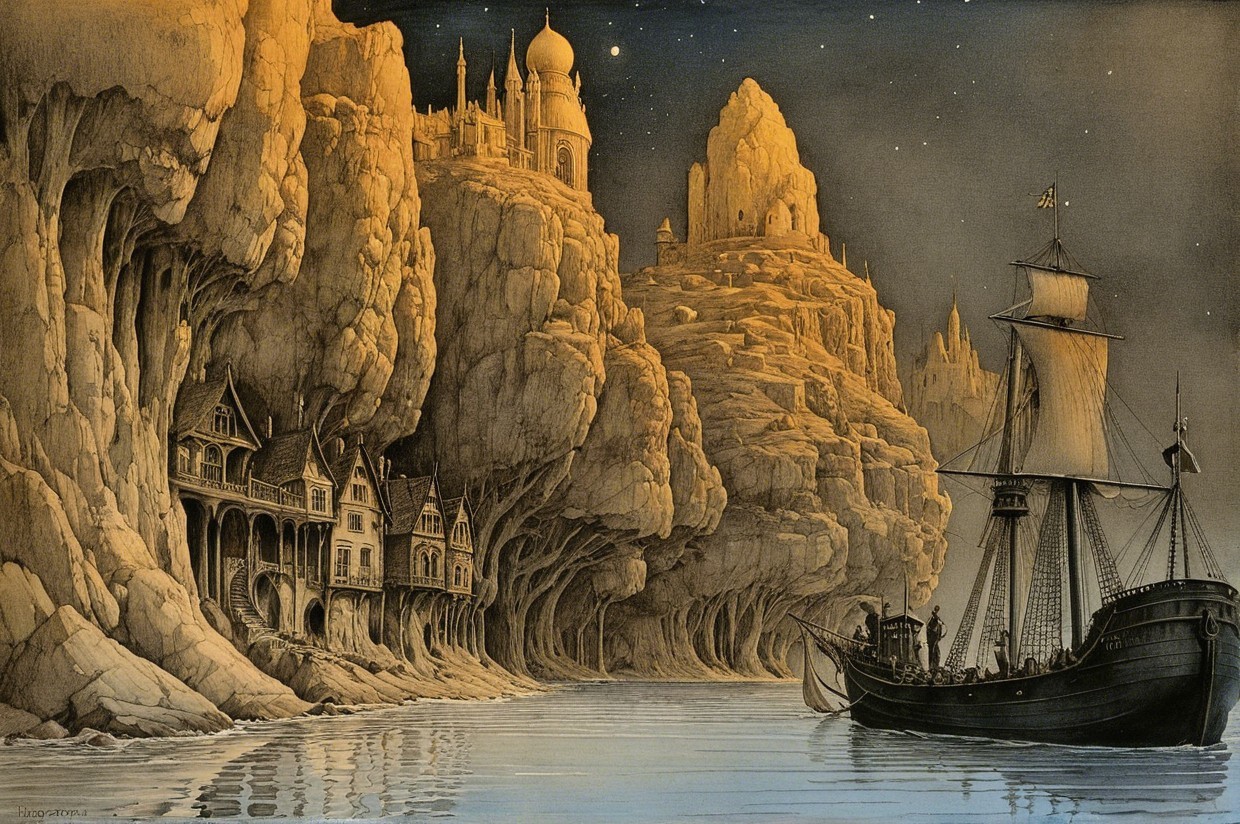 Serene River Landscape with Ornate Architecture and Stars