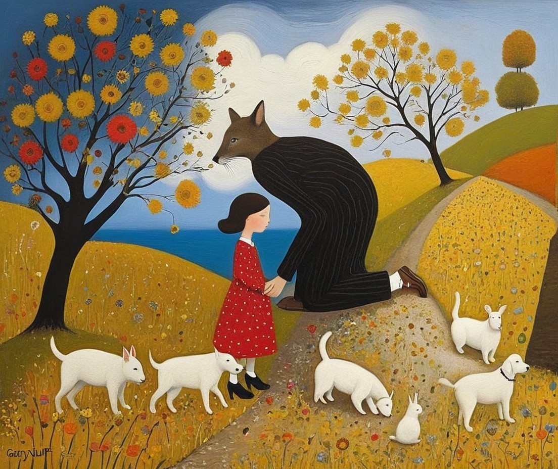 Whimsical Landscape with Girl and Fox Figure