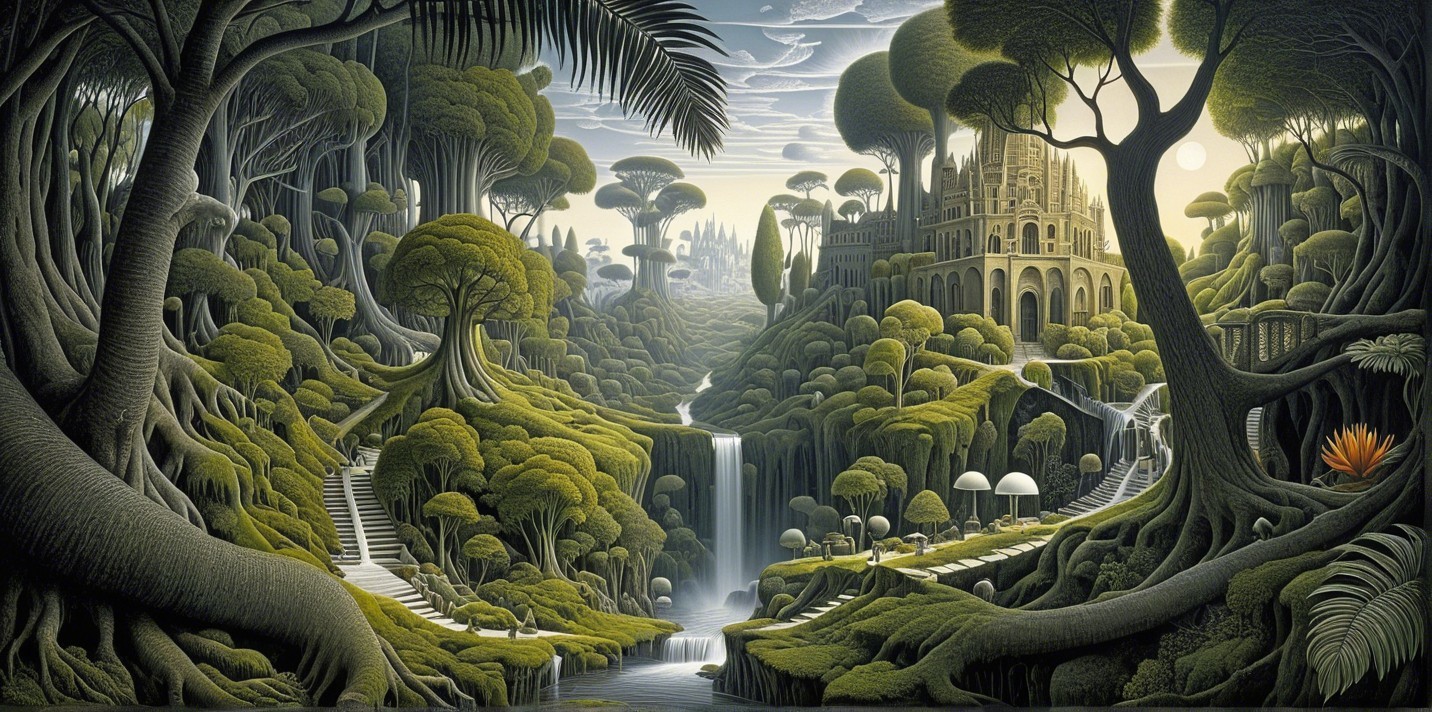 Fantastical Landscape with Waterfall and Castle