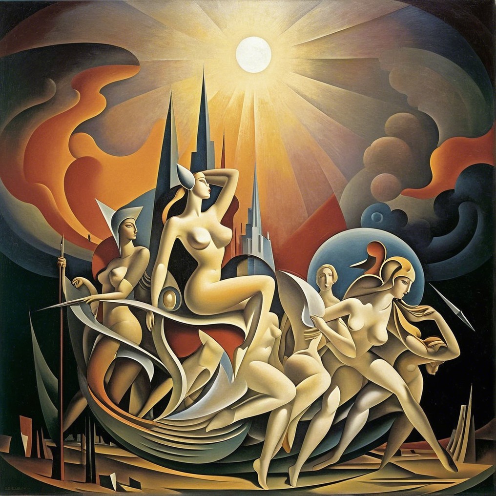 Dynamic Composition of Nude Female Figures in Motion