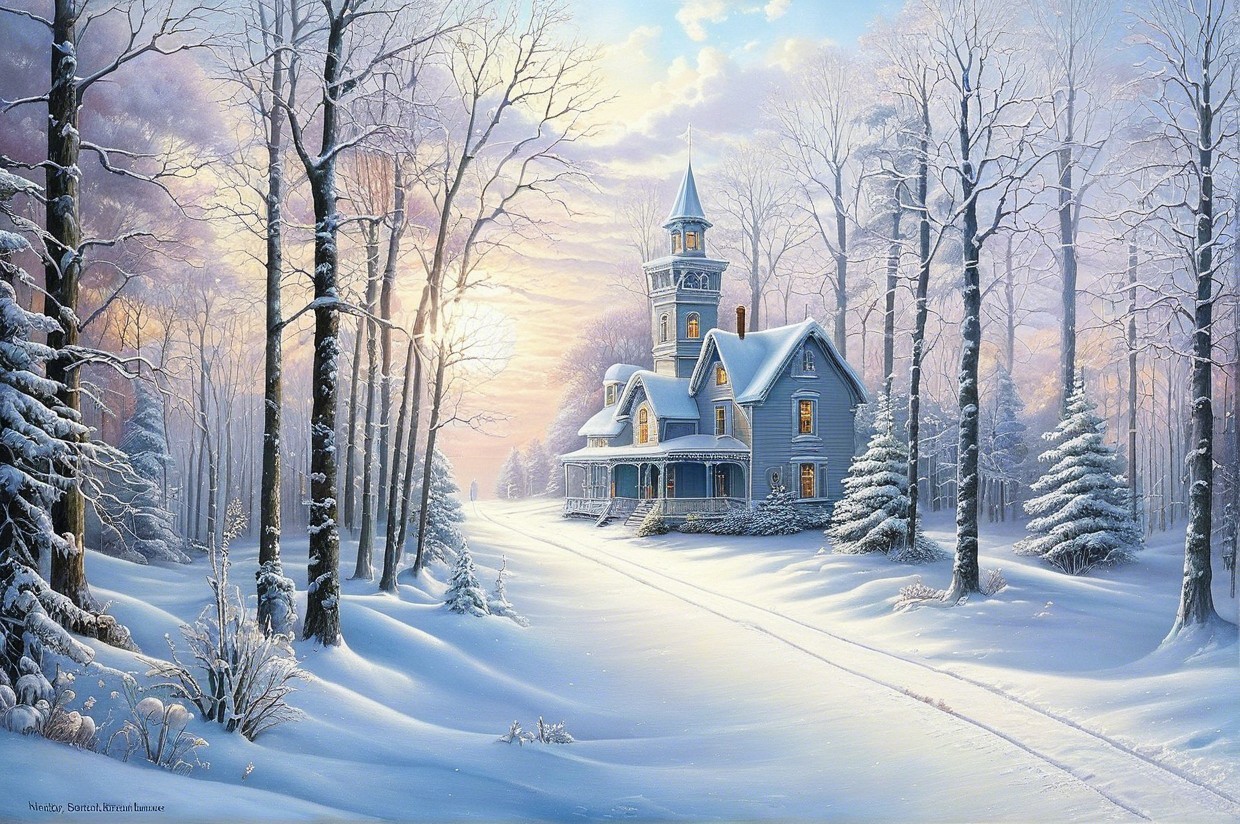 Winter Landscape with Blue House and Snowy Trees