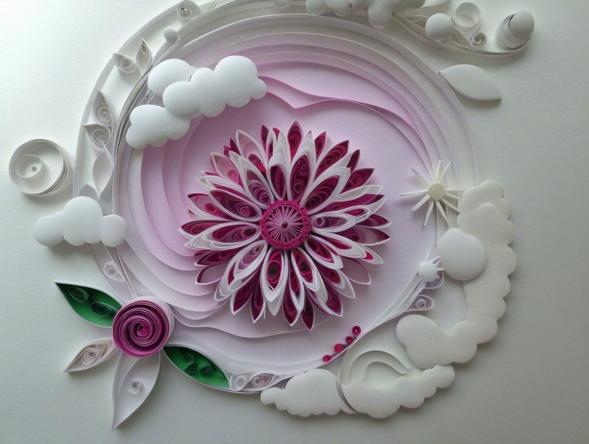 Intricate Paper Quilling Design with Pink Flower