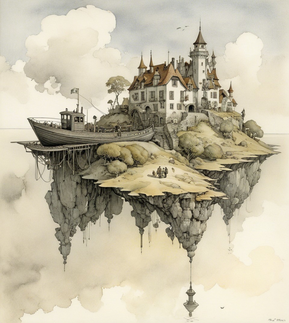 Whimsical Floating Island with Castle and Boat Dock