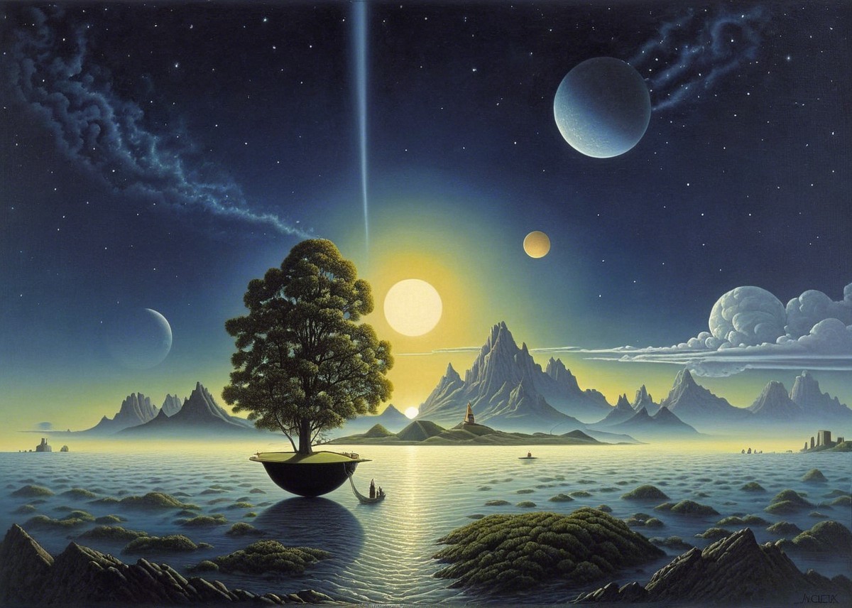 Surreal Landscape with Floating Tree and Celestial Bodies