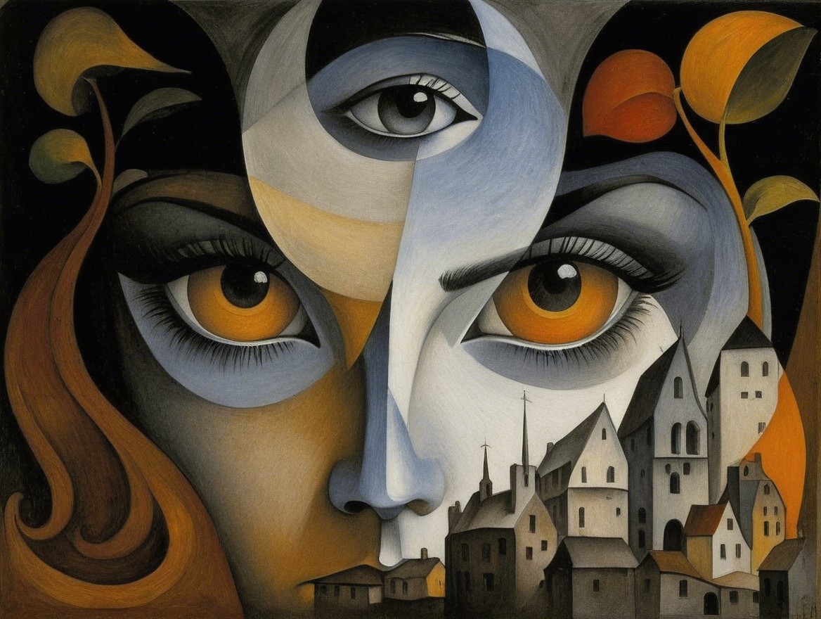 Stylized Face with Large Eyes and Dreamlike Elements