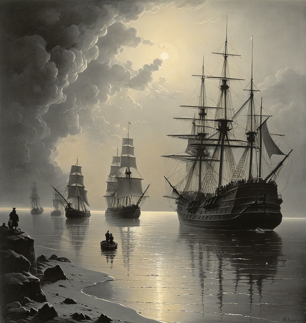 Serene seascape with sailing ships under moonlight