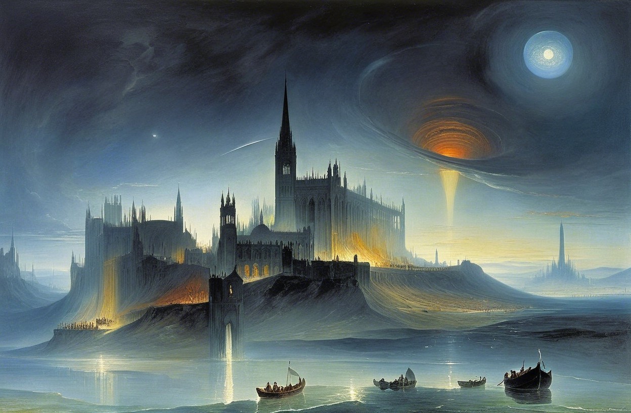Gothic castle in a mystical landscape with serene water