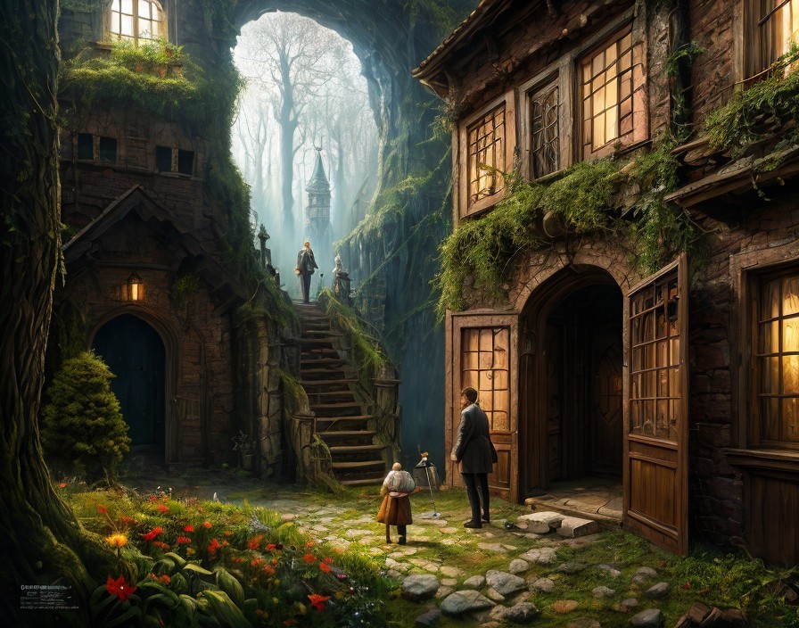 Fantasy courtyard with child, adult, ivy houses, and luminous forest