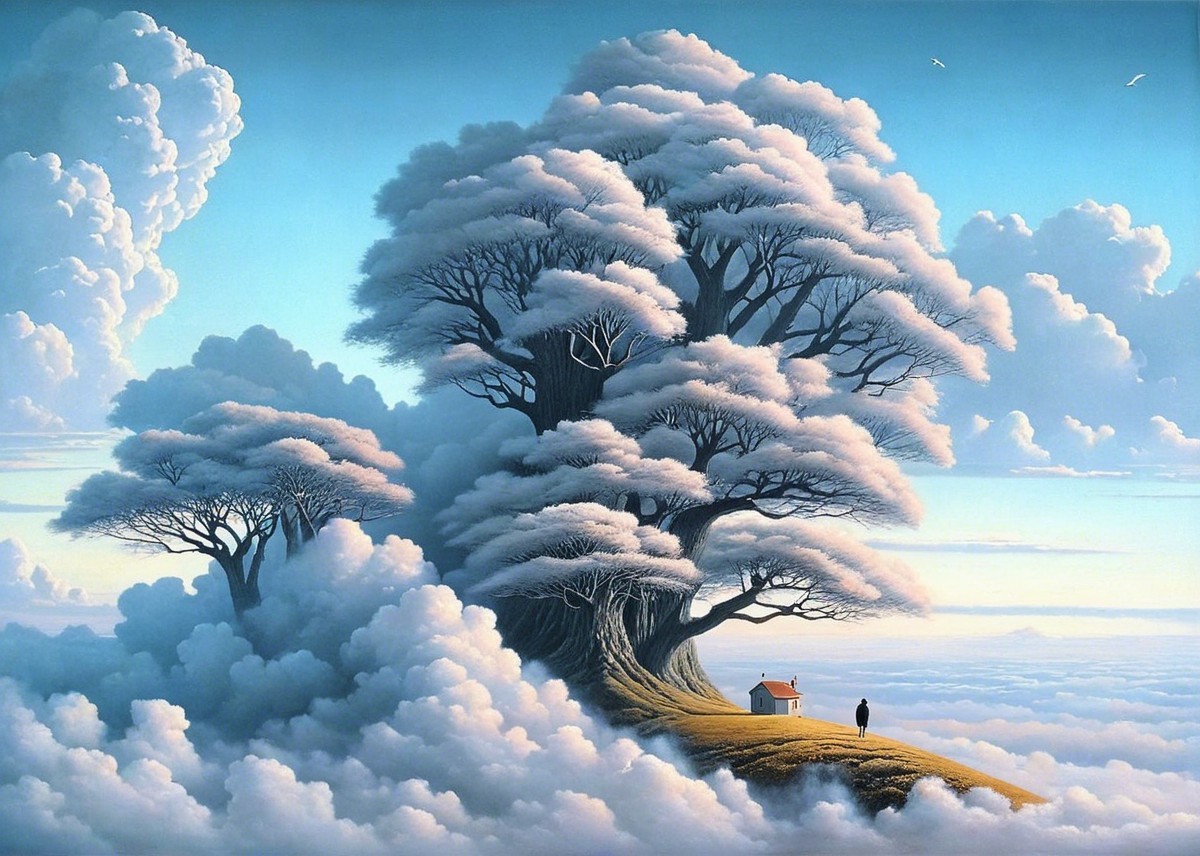 Whimsical Tree and Quaint House in Serene Landscape