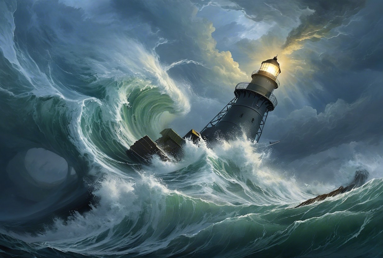 Dramatic Seascape with Towering Lighthouse and Waves