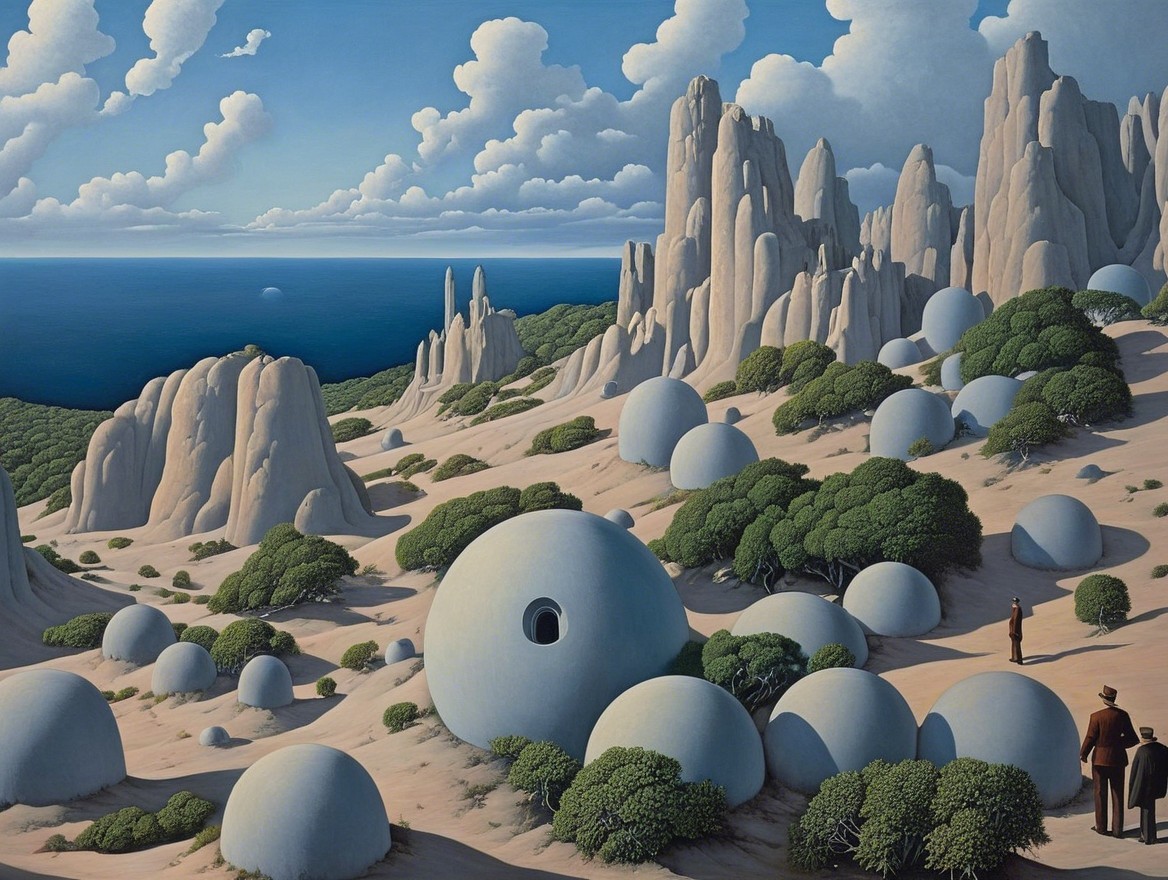 Surreal Landscape with Rock Formations and Ocean View