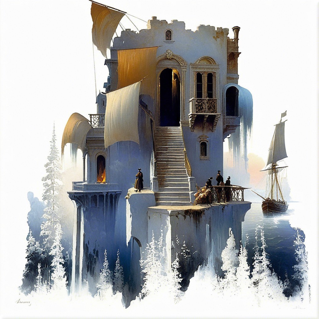 Ethereal Castle on Snowy Cliff Surrounded by Mist