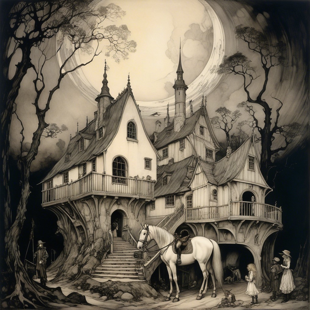 Whimsical Dark Fantasy House Among Twisted Trees