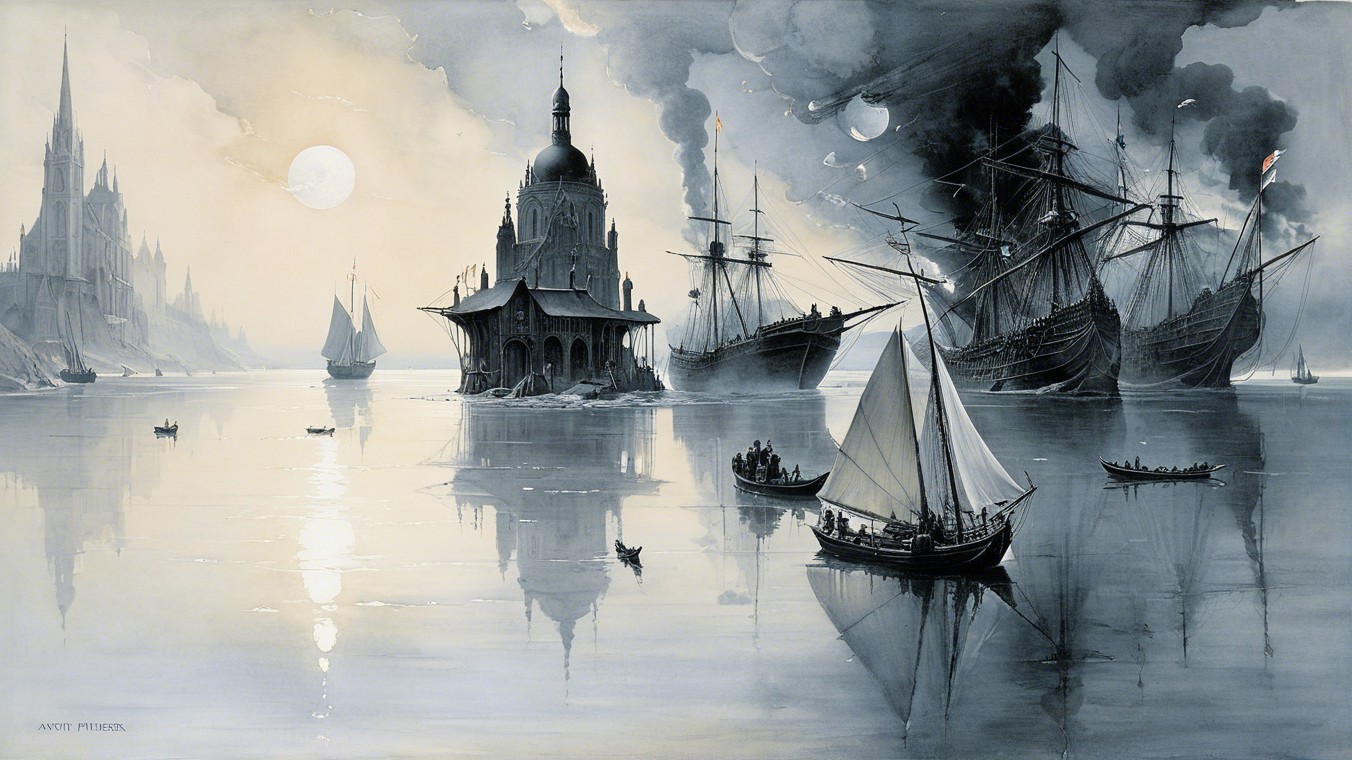 Monochrome Seascape with Gothic Castles and Ships