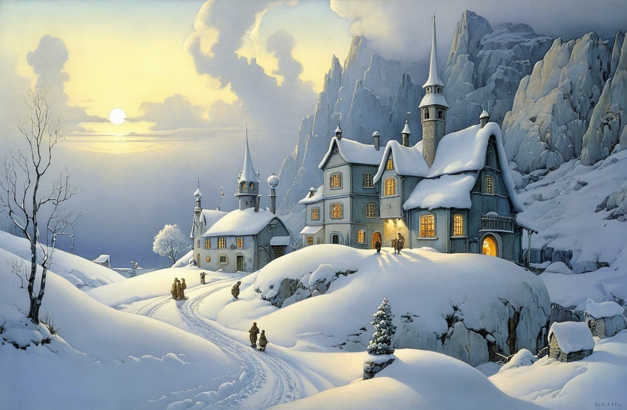 Serene Winter Landscape with Snow-Covered Houses