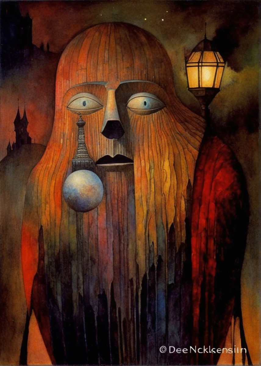 Towering Figure with Wood Texture in Mysterious Landscape