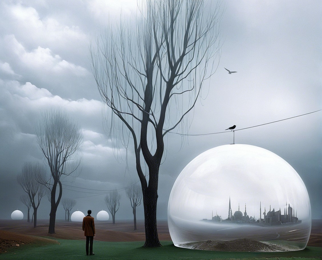 Surreal Landscape with Transparent Domes and Trees