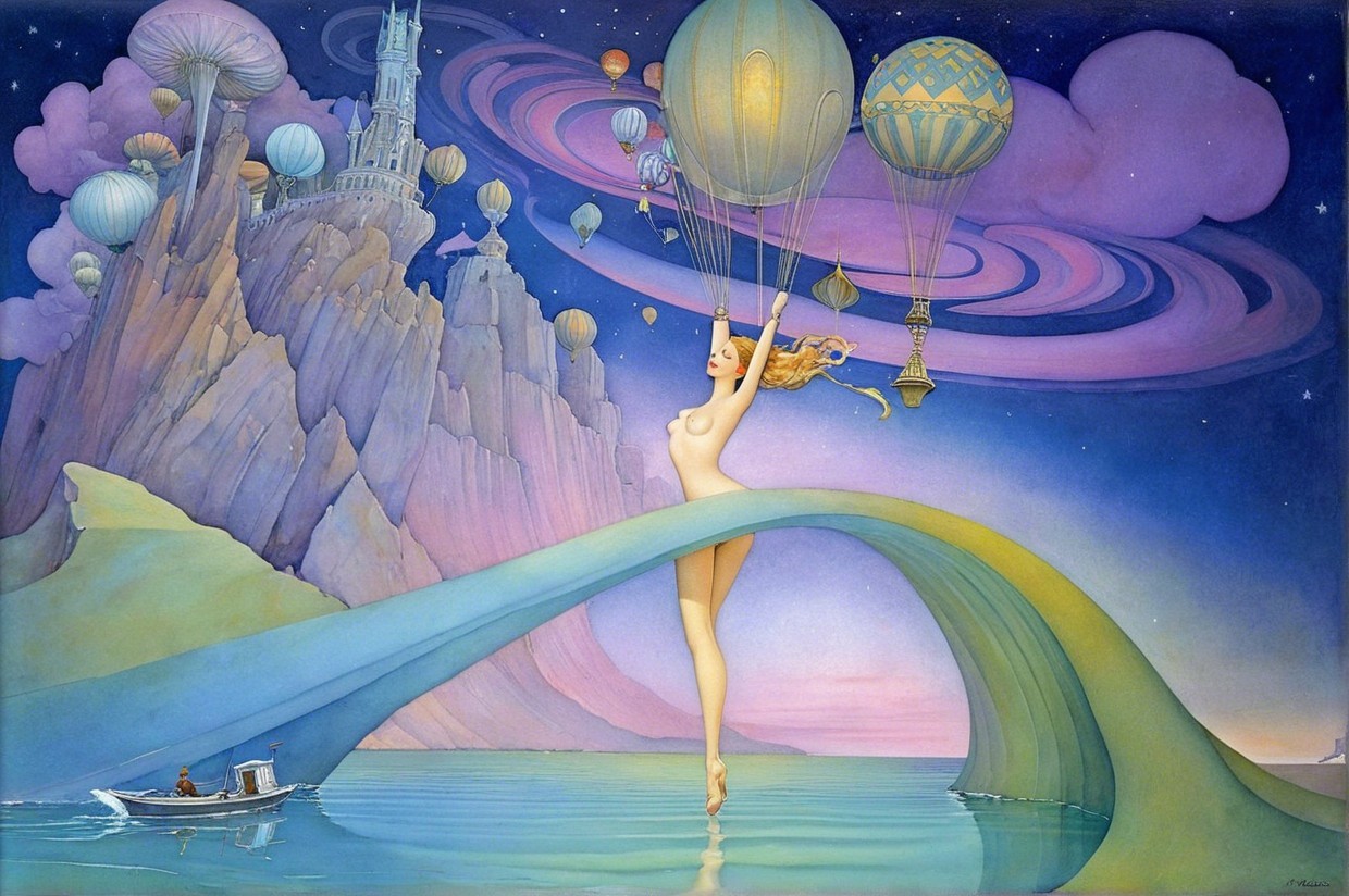 Whimsical Scene with Female Figure and Hot Air Balloons