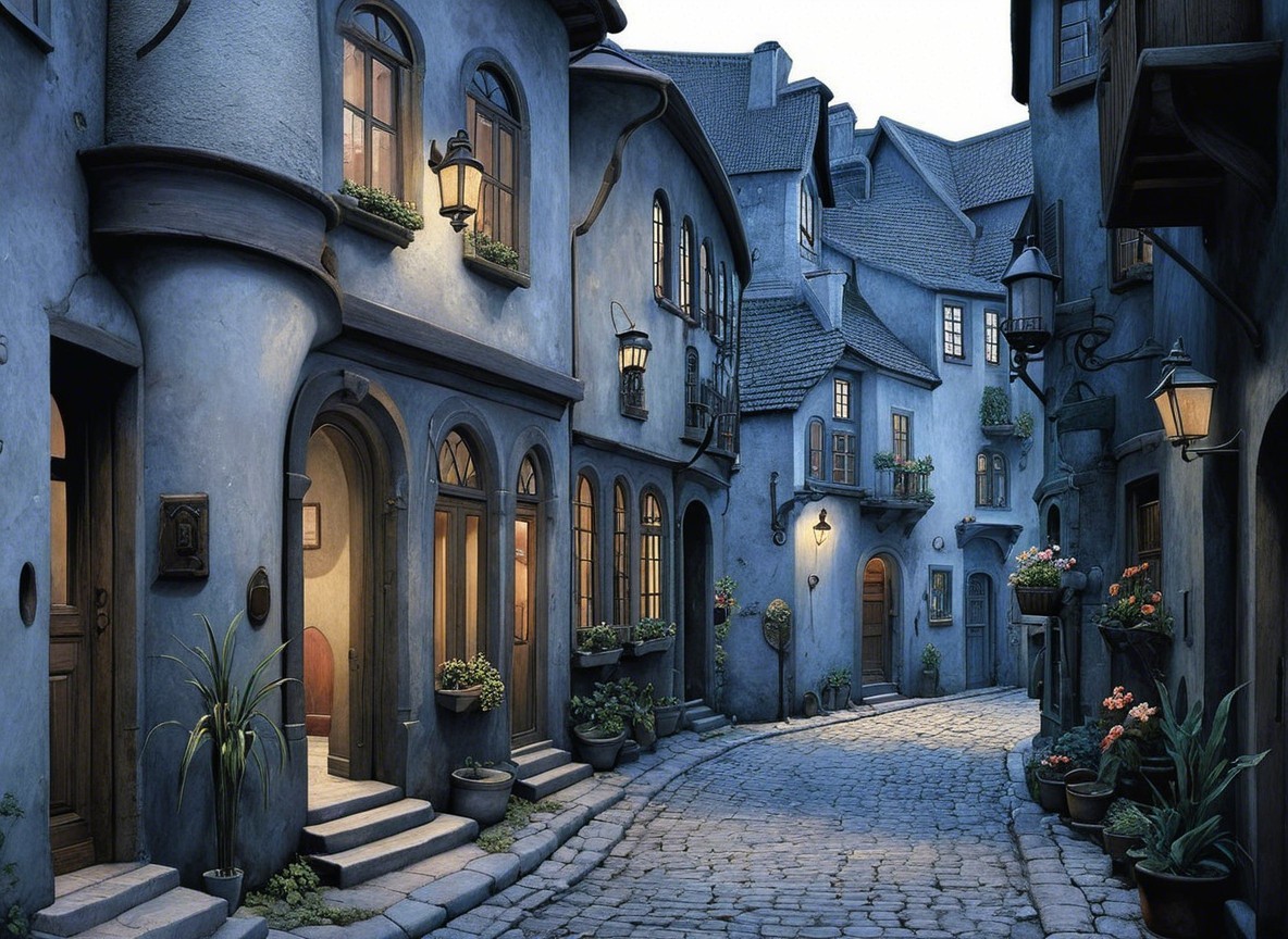 Charming Village with Cobblestone Streets and Blue Houses