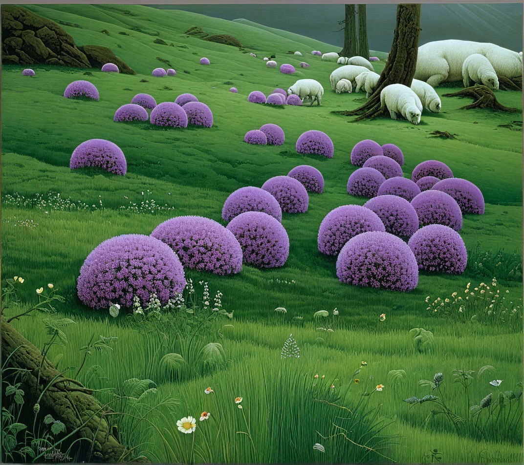 Serene Landscape of Green Hills and Purple Flowers