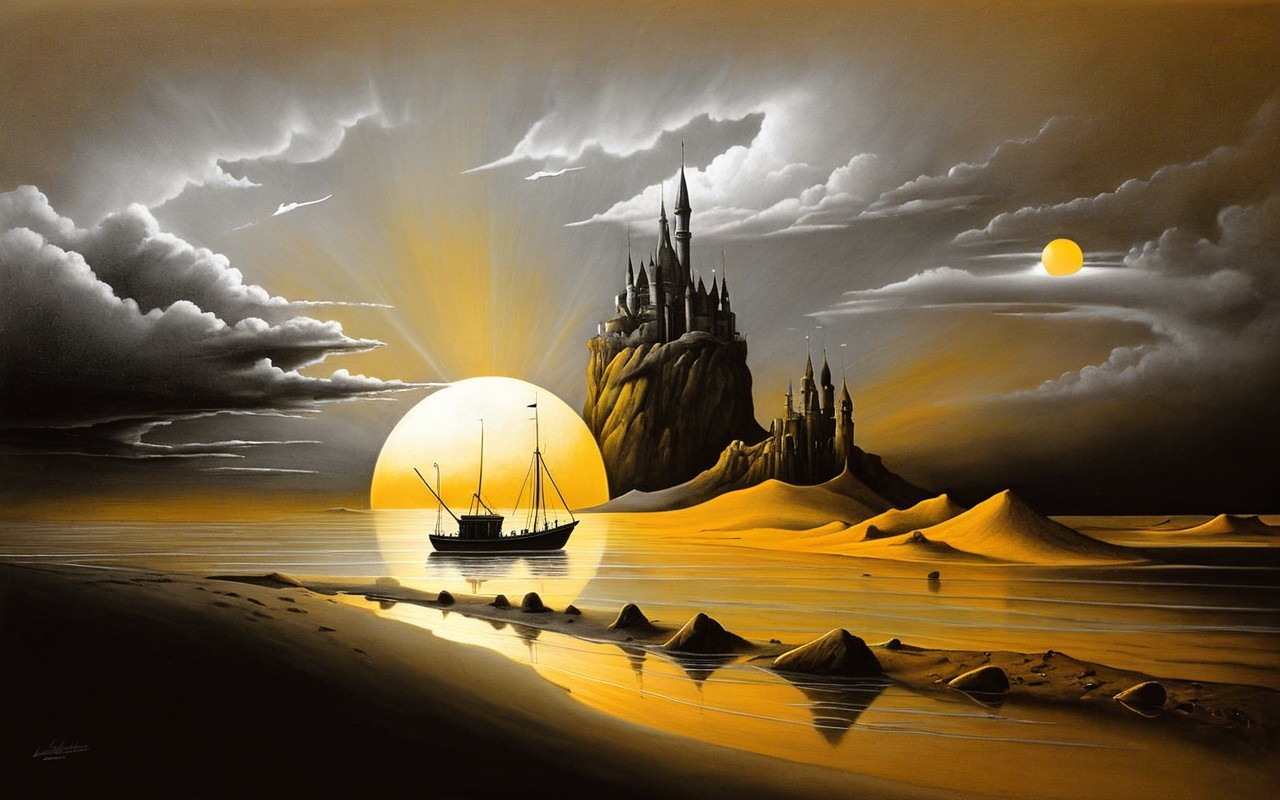 Dramatic Landscape with Castle and Sunset Reflection