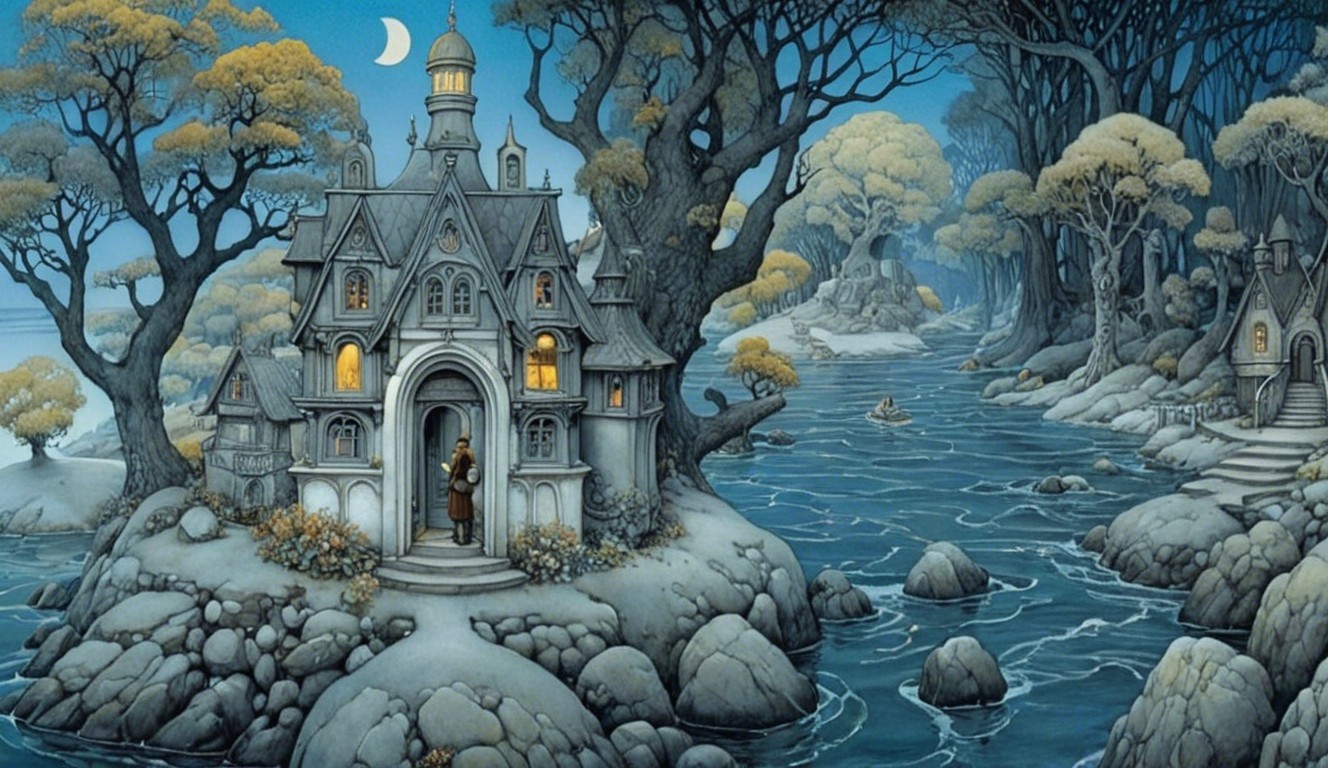 Surreal House on Rocky Island Under Twilight Sky