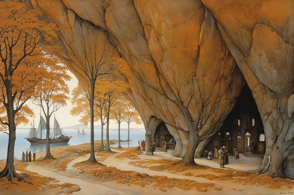 Serene Coastal Landscape with Rock Formations and Village