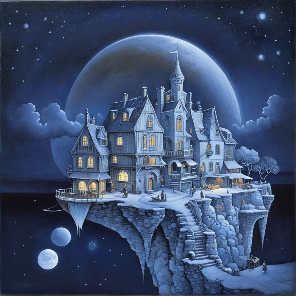 Whimsical Mansion on a Cliff Under Starry Sky
