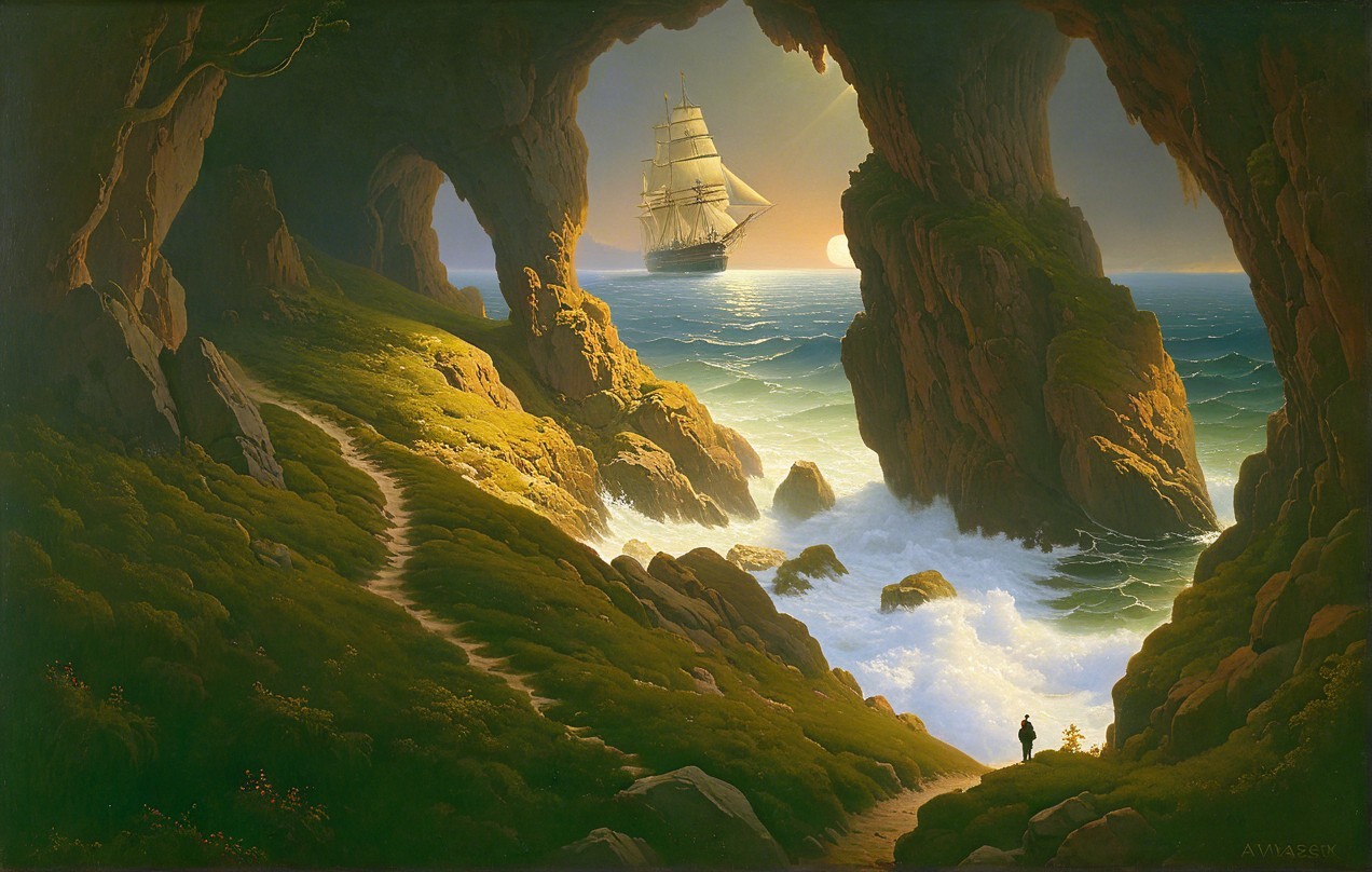 Coastal Cave Scene with Waves and Sailing Ship