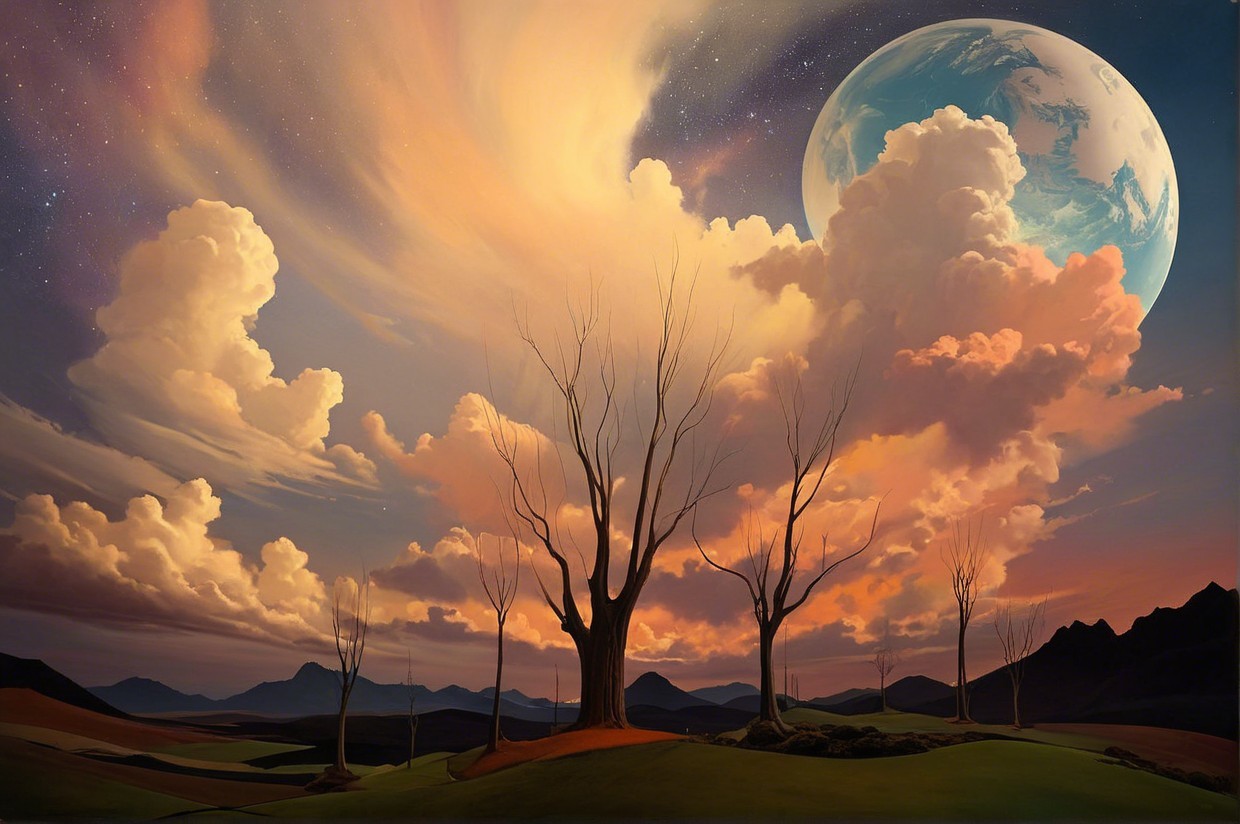 Surreal Landscape with Vibrant Sky and Leafless Trees
