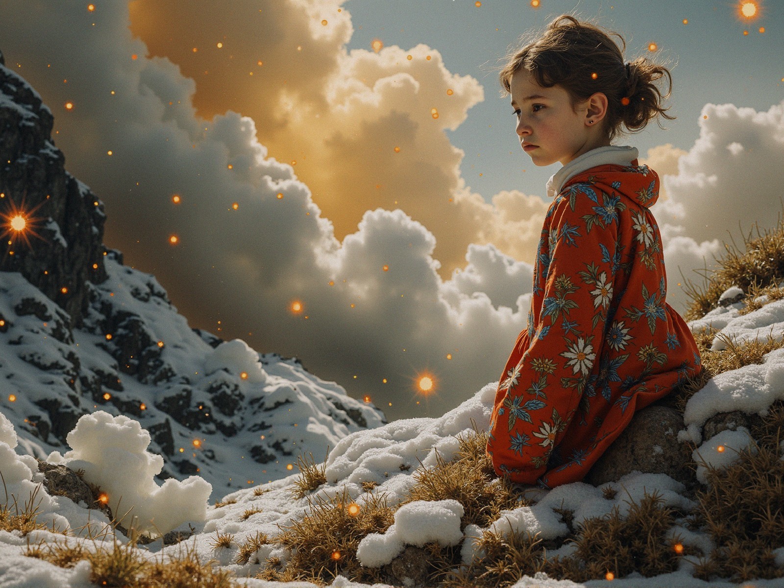 Young girl in red hoodie on snowy rock landscape