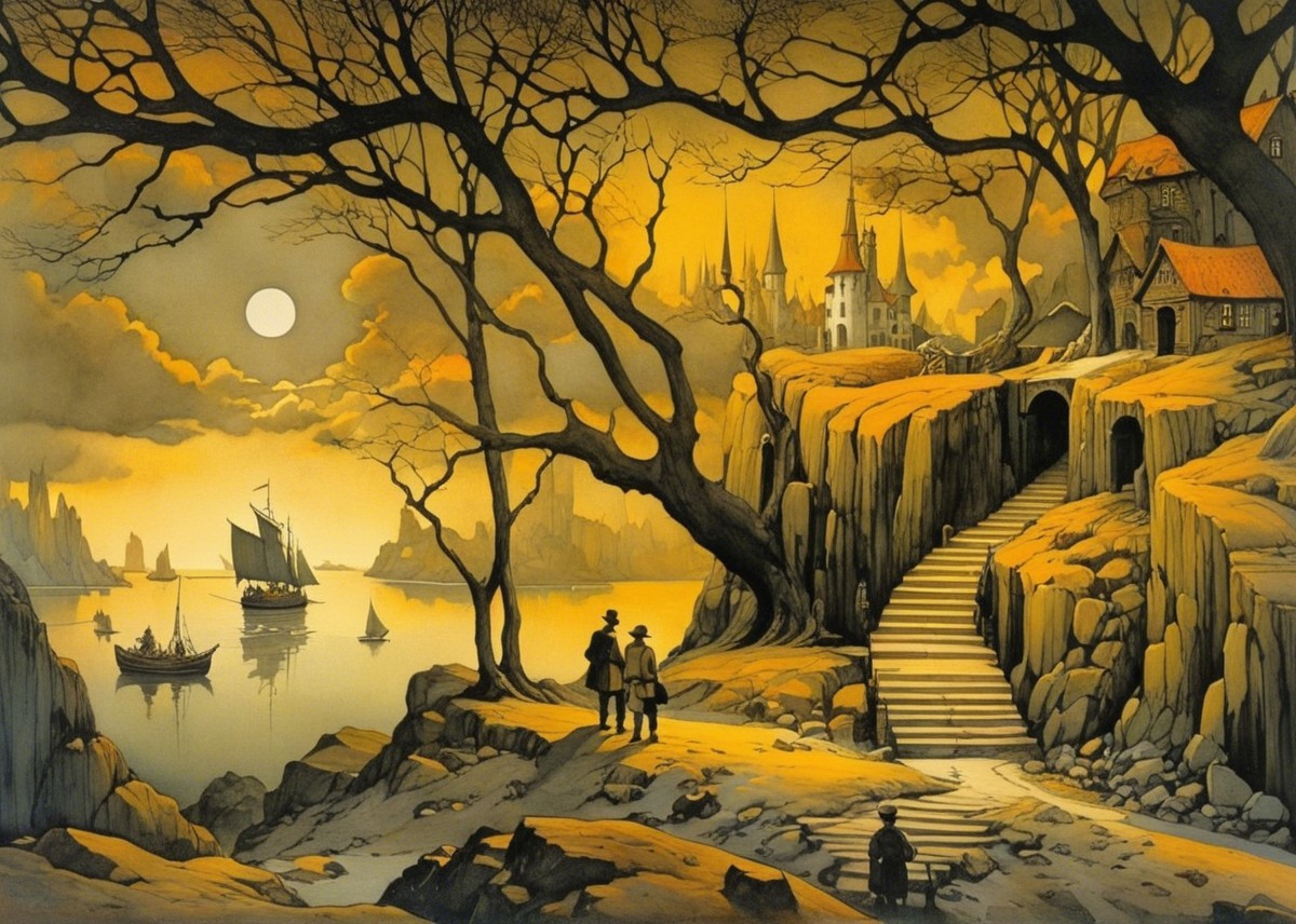 Surreal Landscape with Winding Staircase and Castle
