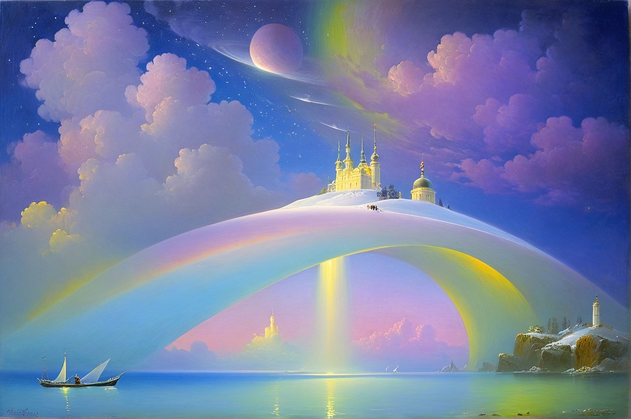 Fantasy Landscape with Rainbow and Majestic Castle
