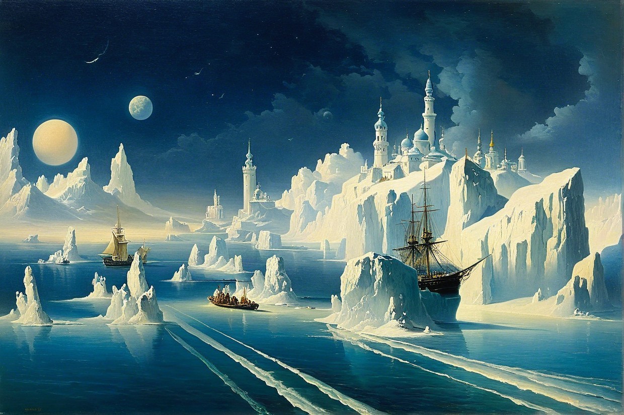 Surreal Seascape with Icebergs and Starry Sky