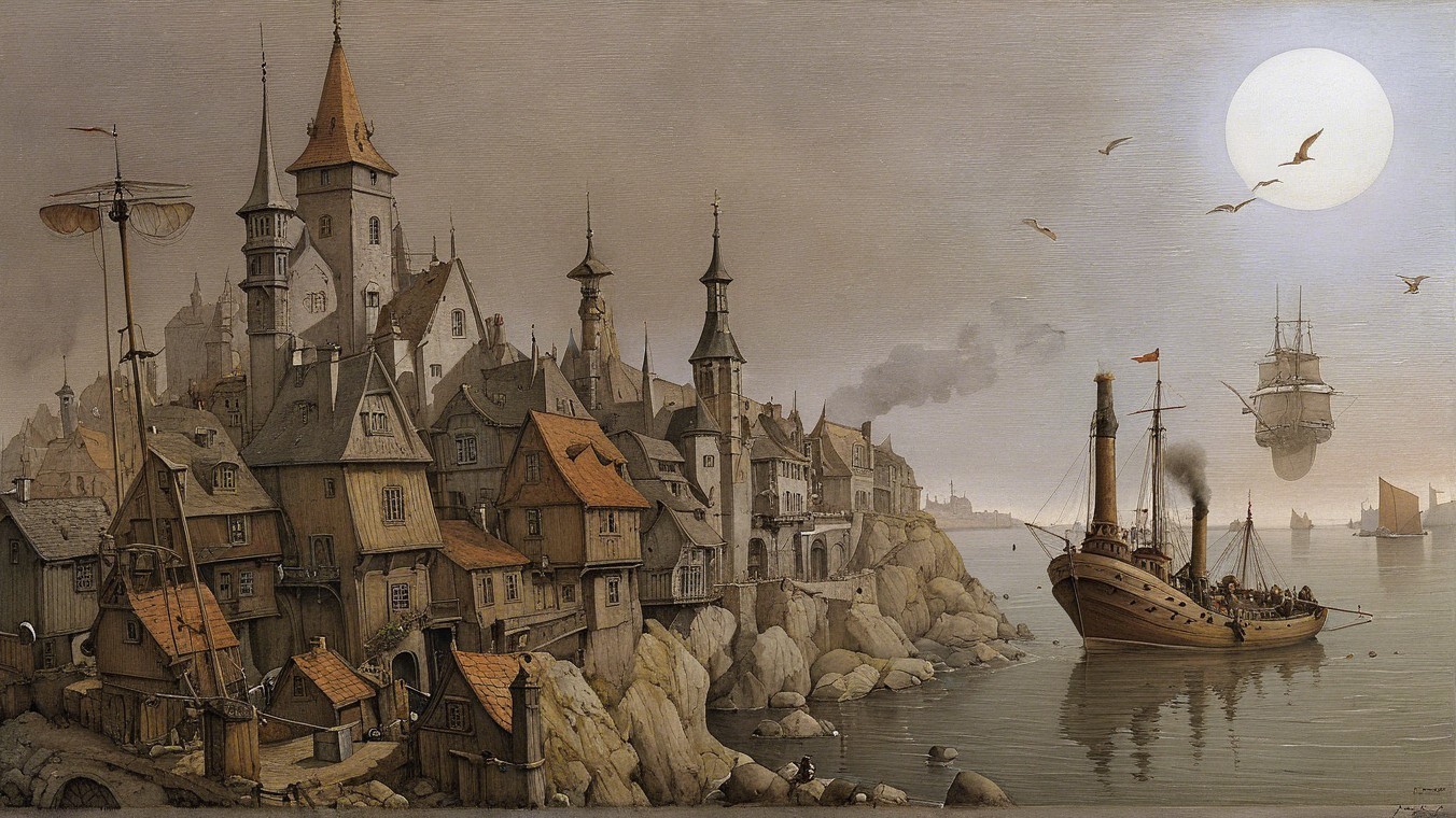Whimsical Coastal Town with Vintage Steamship Scene