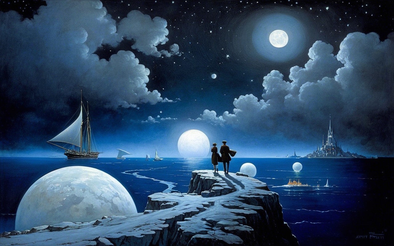 Figures on Rocky Outcrop Overlooking Serene Ocean