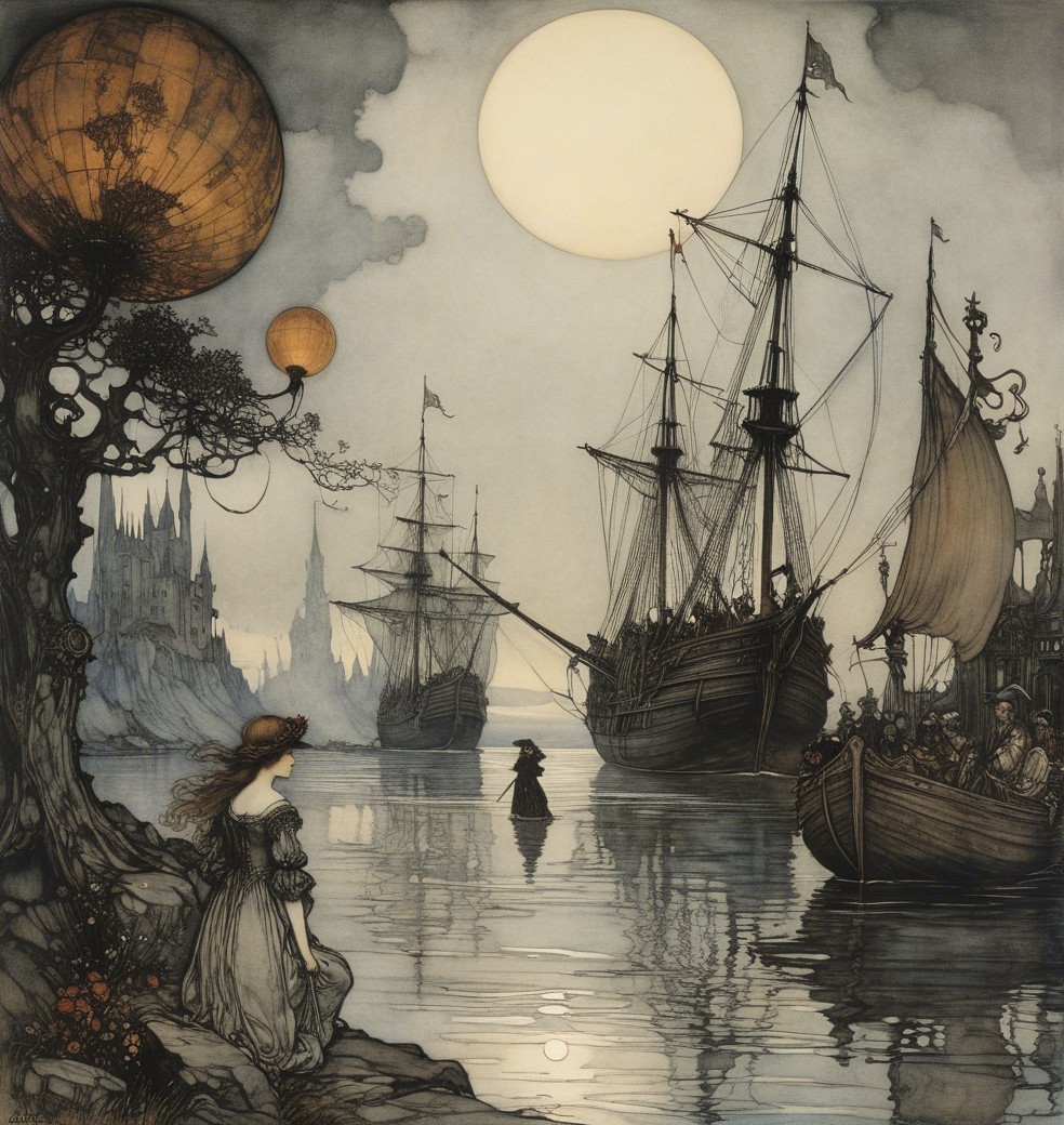 Tranquil Waterway with Sailing Ships and Castle View
