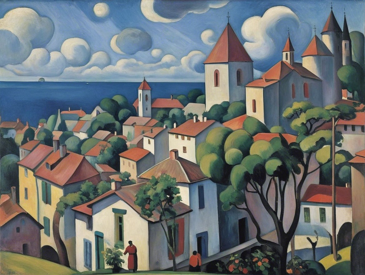 Vibrant Village Scene with White Houses and Greenery