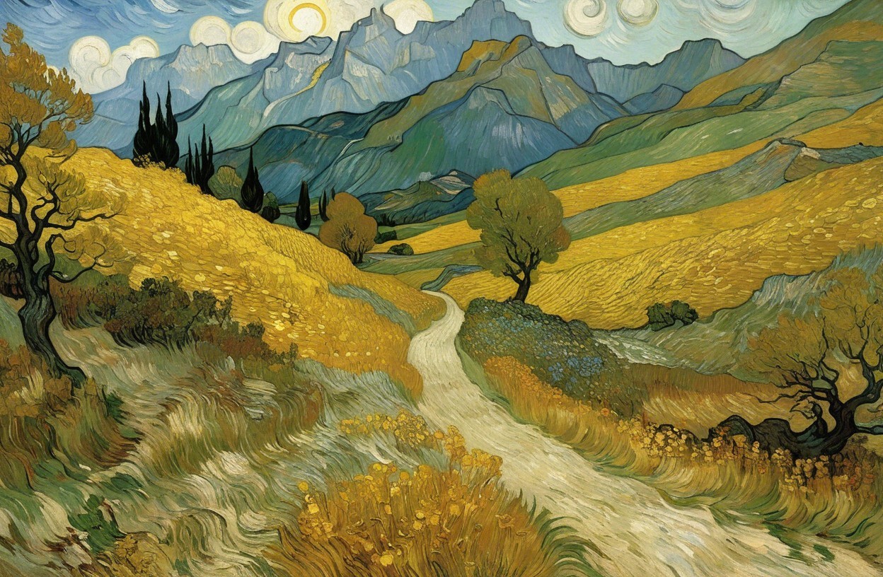 Vibrant Landscape with Rolling Hills and Cypress Trees