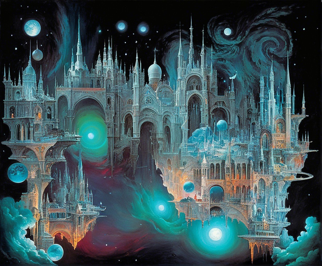 Surreal Cosmic Landscape with Towering Castles