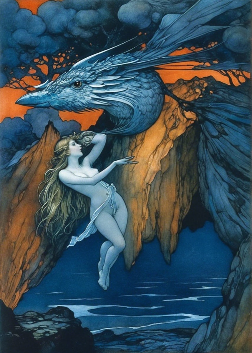 Mystical Scene with Ethereal Woman and Surreal Bird