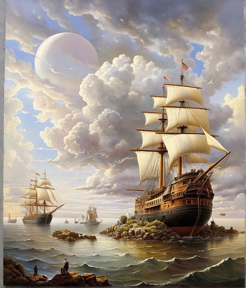 Sailing Ships on a Tranquil Sea with Dramatic Sky